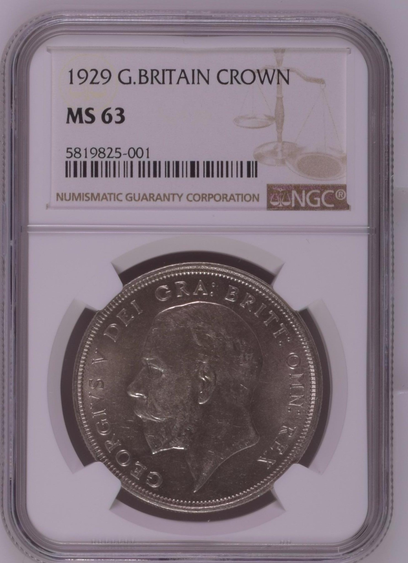 长老汇兔年精选第二场 1929 英国乔治五世花冠1克朗大银币，NGC MS63分，更高分仅有7枚，克书报价900美金，仅有4000多枚