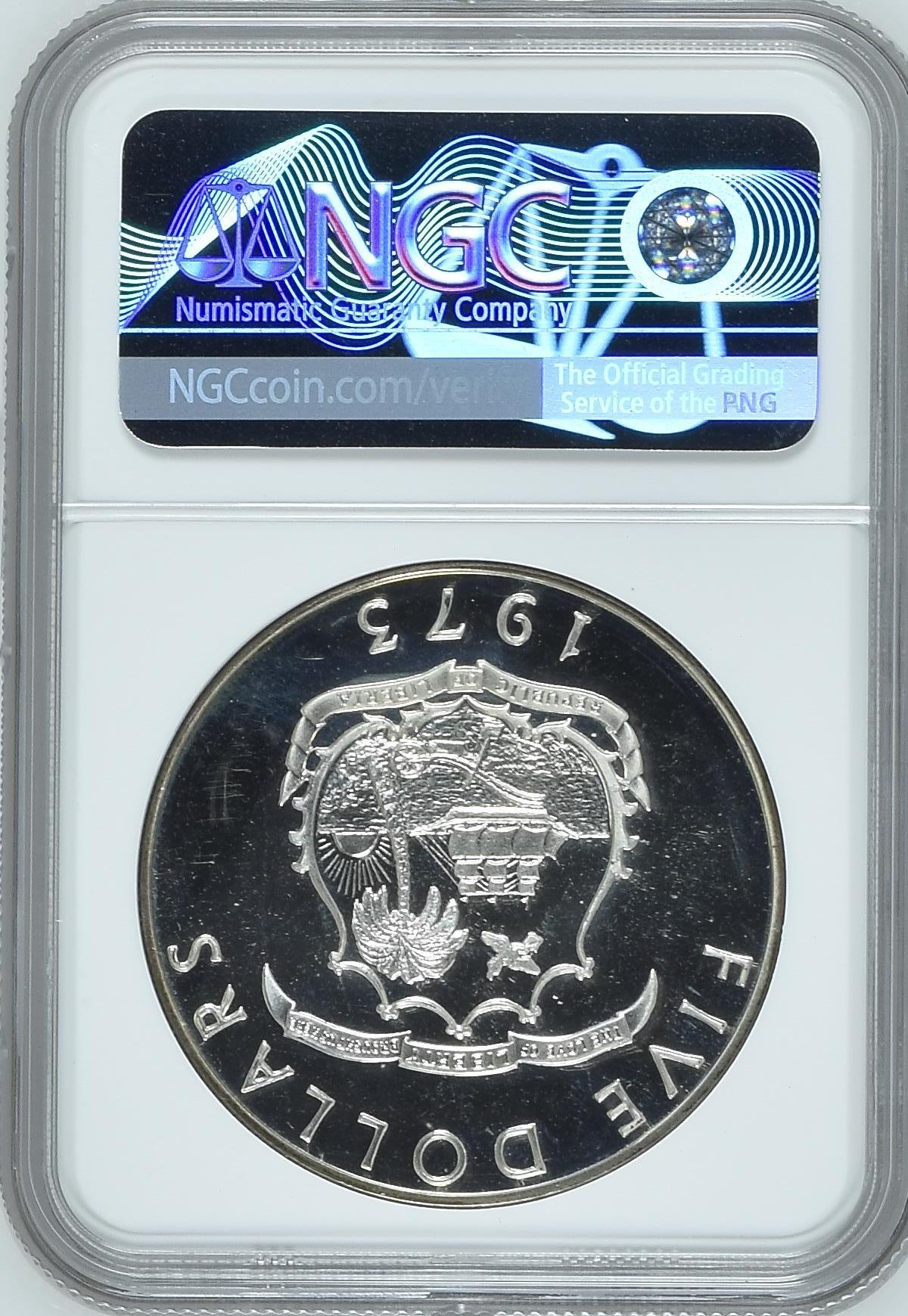 长老汇兔年精选第二场 1973 利比里亚非洲五霸大象5元精制银币，NGC PF66UC