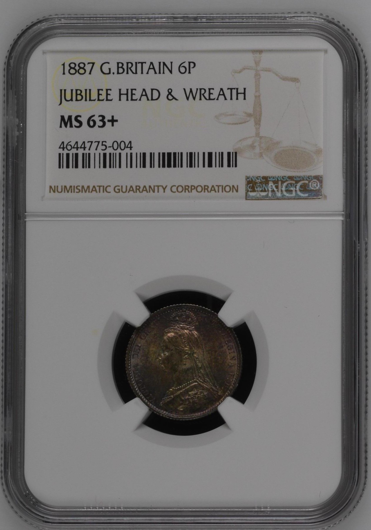 长老汇兔年精选第二场 1887 G.BRITAIN JUBILEE HEAD & WREATH英国维多利亚高冠6便士银币，NGC MS63+