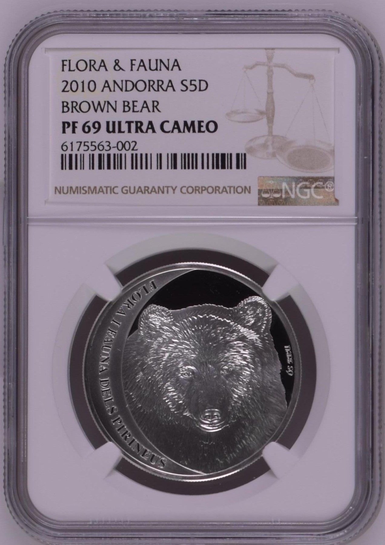 长老汇兔年精选第二场 2010 安道尔花与动物系列棕熊5第纳尔精制银币，NGC PF69UC，更高分仅有三枚，获奖币