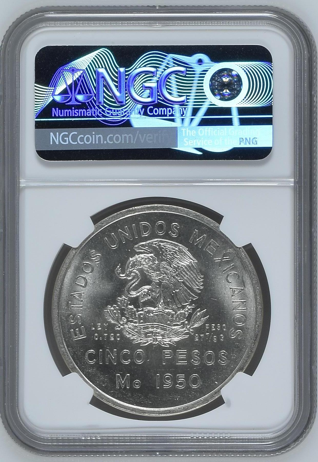 长老汇兔年精选第二场 1950Mo 墨西哥南方火车5比索银币，NGC MS64分，官网64分标价250美金，10万枚熔毁铸造1968墨西哥城奥运会纪念币，上涨品种