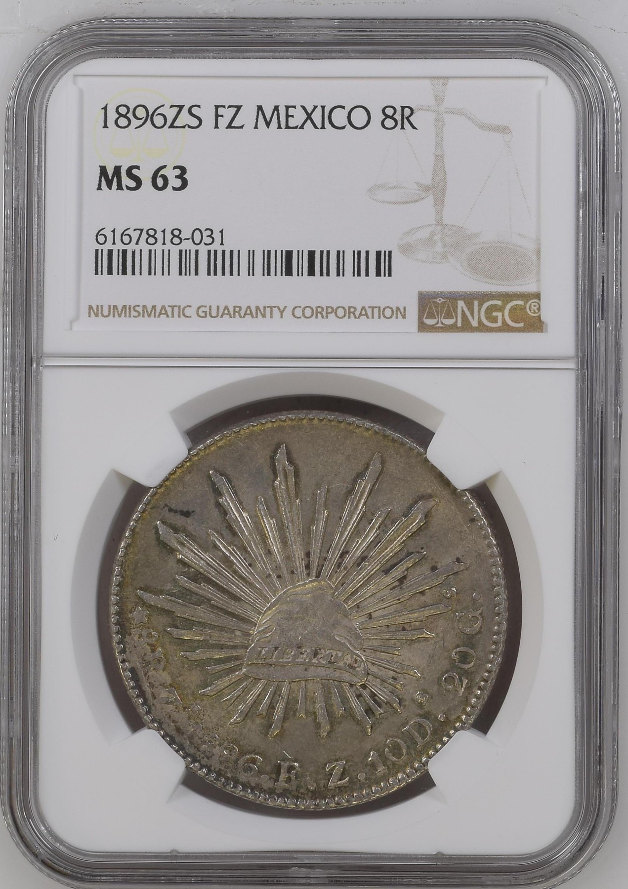 长老汇兔年精选第二场 1896ZS FZ 墨西哥鹰洋8R银币，NGC MS63分