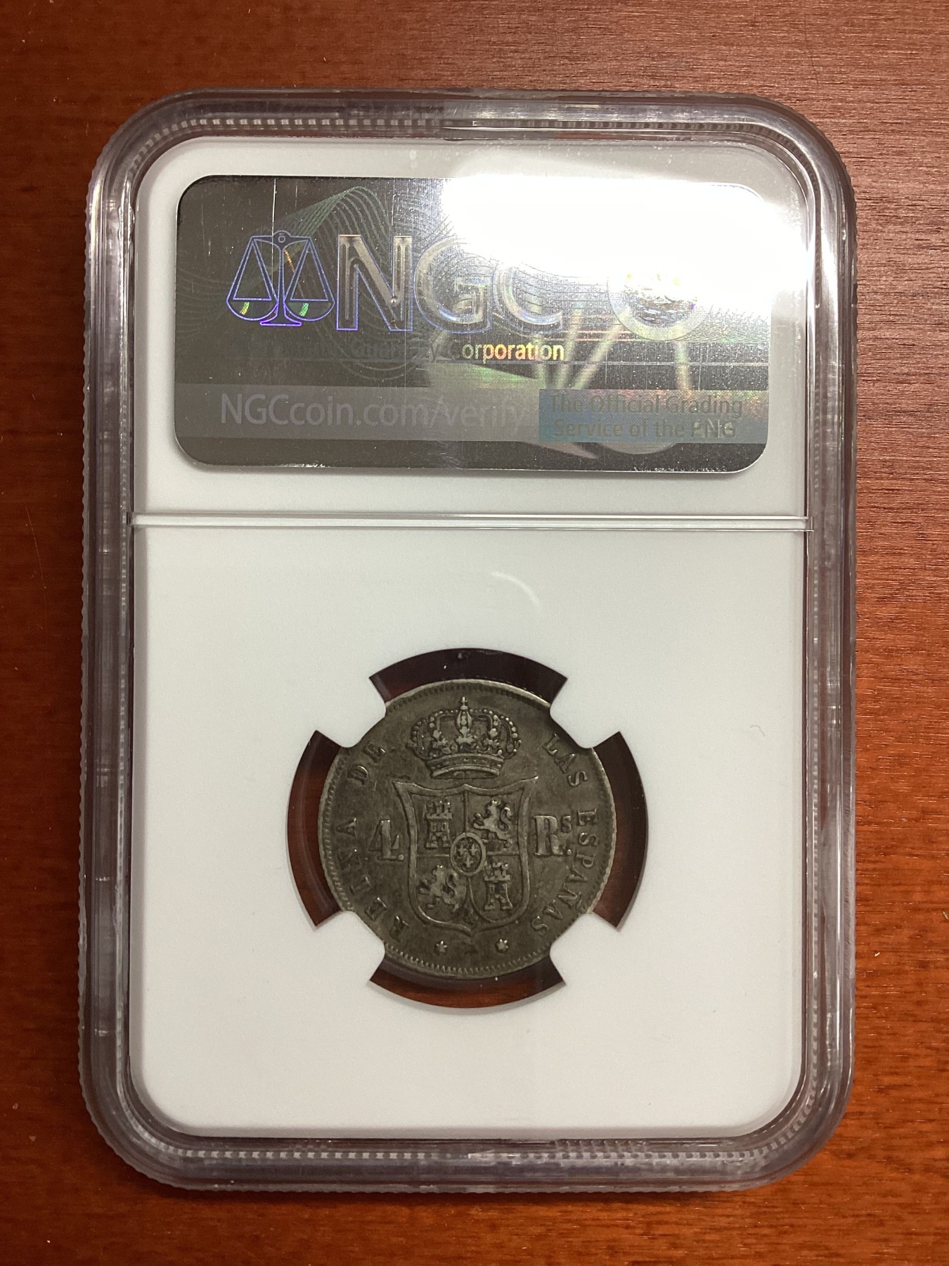 长老汇兔年精选第二场 1862 西班牙伊萨贝拉二世4R银币，NGC XF45，唯一季军分，更高分仅有三枚