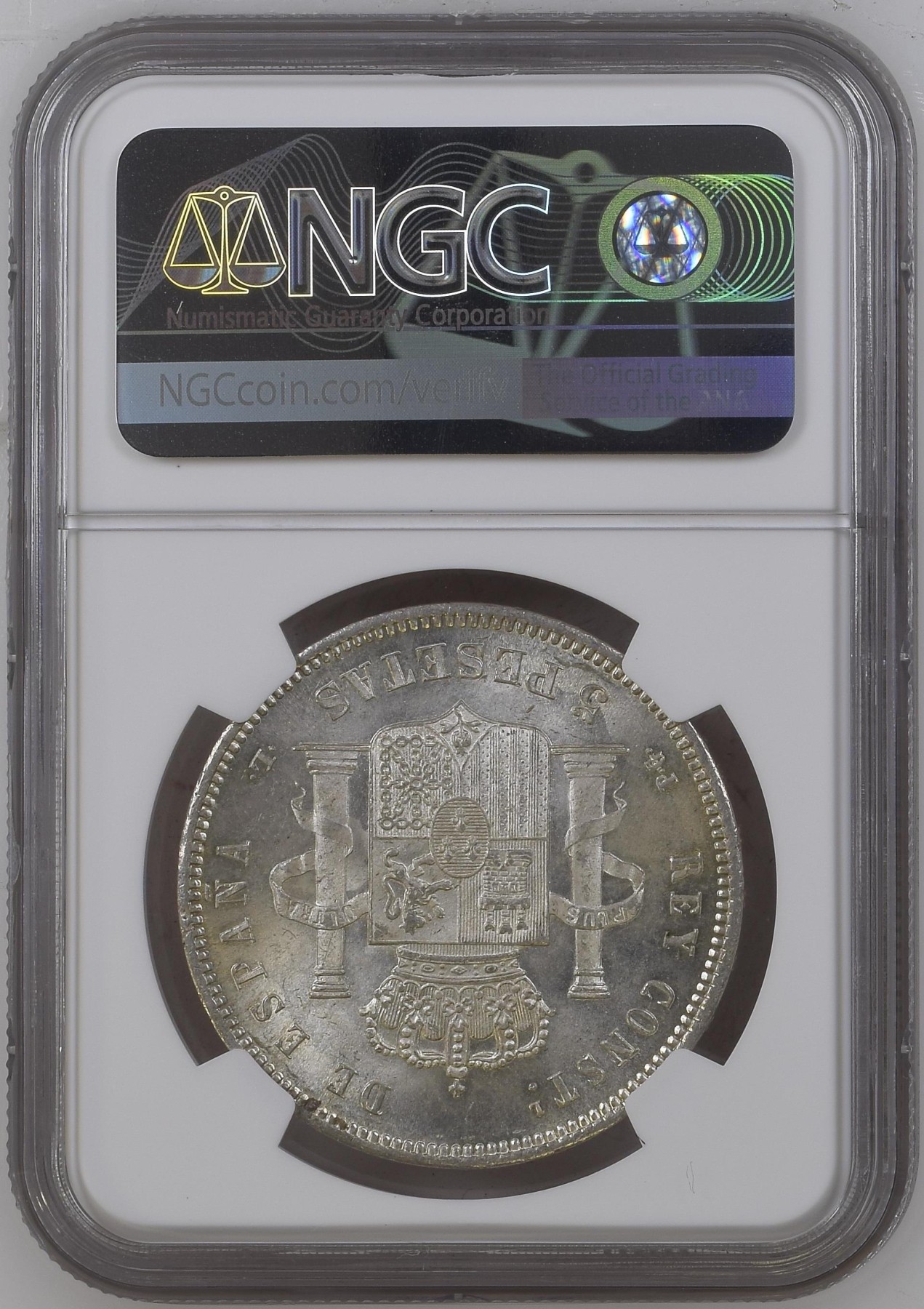 长老汇兔年精选第二场 1893(93) PGL 西班牙阿方索十三世5比塞塔大银币，NGC MS61分