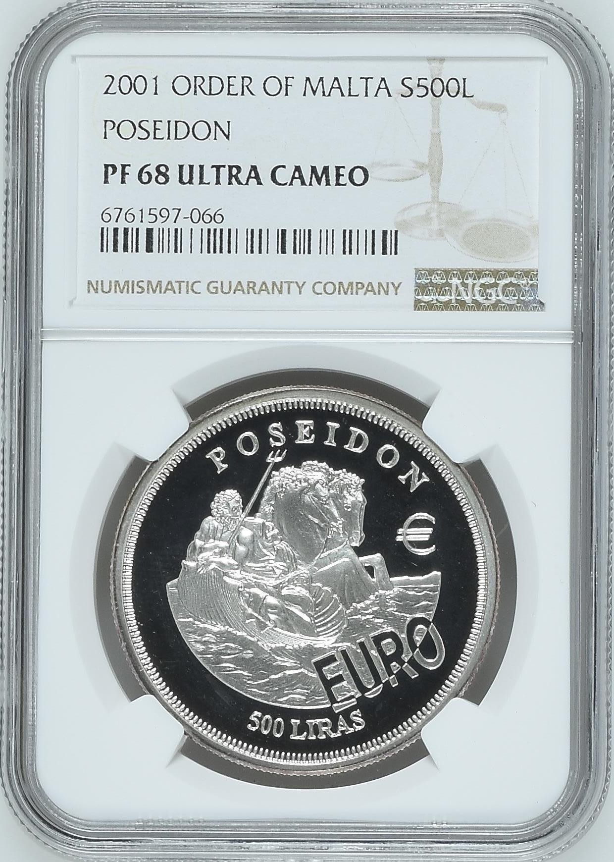 长老汇兔年精选第二场 珍稀币，2001 马耳他海神波塞冬500里拉精制银币，NGC PF68UC，唯一亚军分，更高分仅有一枚