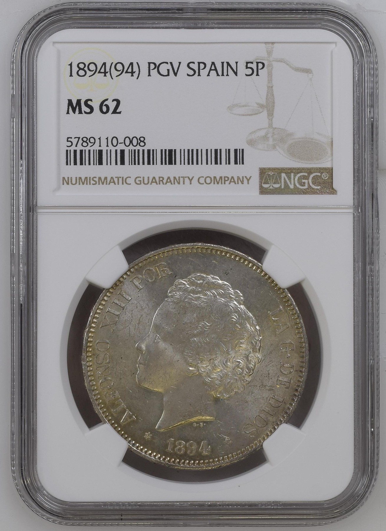 长老汇兔年精选第二场 1894(94) PGV 西班牙阿方索十三世5比塞塔大银币，NGC MS62分，第四名，更高分仅有9枚
