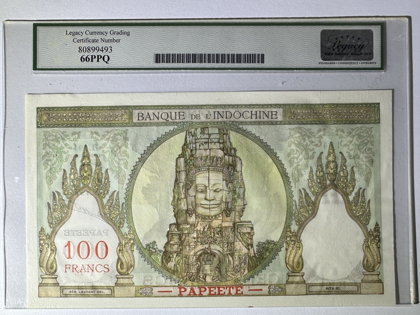 【Blue Auction】✨世界纸币精拍第432期——新年首拍 【实钞】塔希提 1963-65年100法郎 大票幅 四面佛 精美 LCG66EPQ 