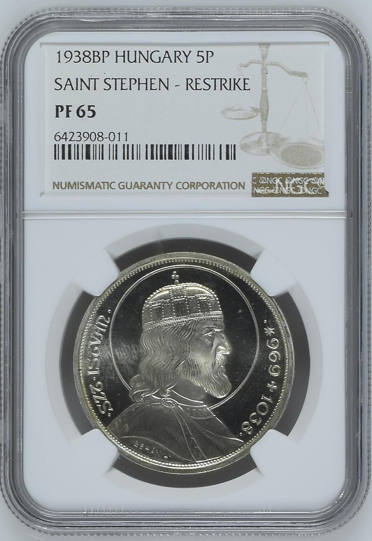 长老汇兔年精选第二场 1938BP 匈牙利圣斯蒂芬5潘果精制银币，NGC PF65UC，更高分仅有12枚，后铸