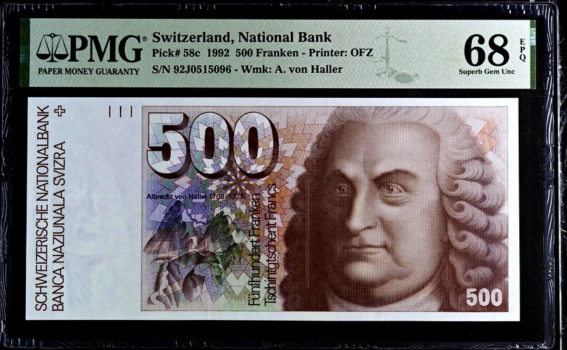 【Blue Auction】✨世界纸币精拍第432期——新年首拍 【仅1张更高分 无47】瑞士 1992年500法郎 经典大胖子 PMG68EPQ 超高分 罕见