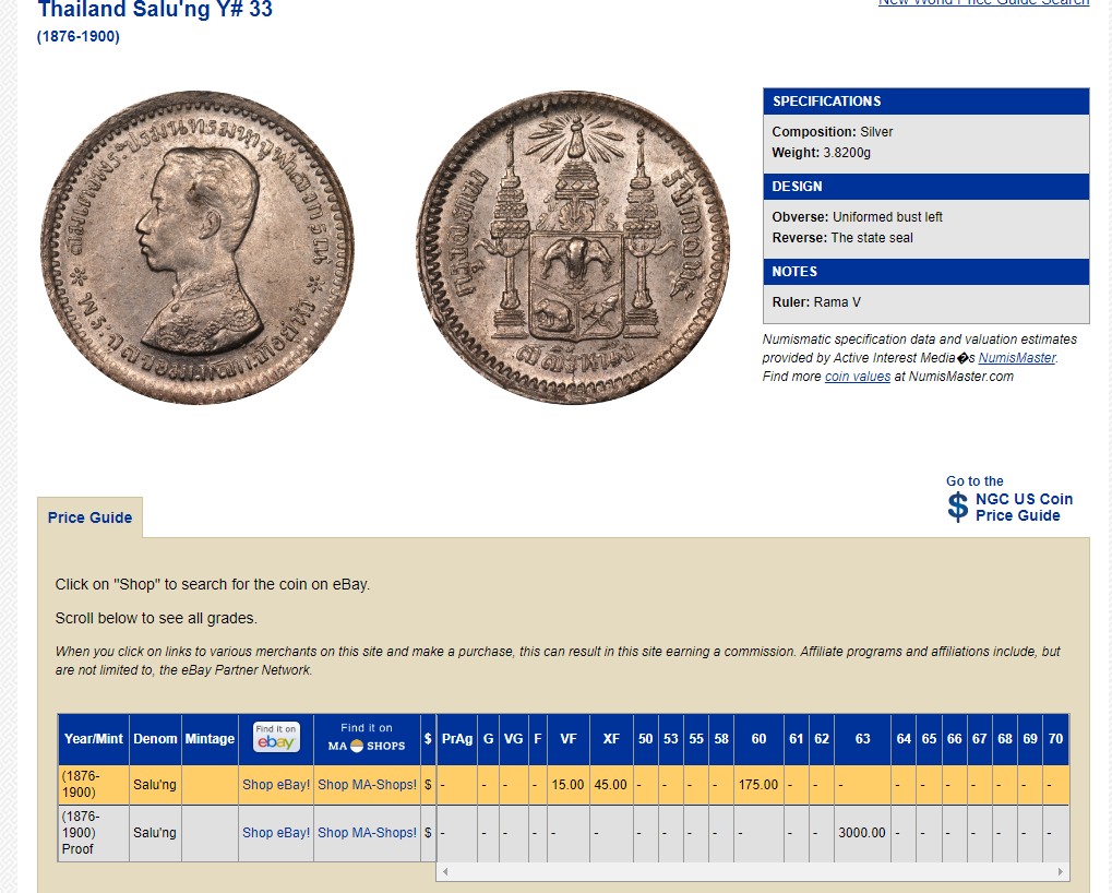 长老汇兔年精选第二场 (1876-1900) 泰国拉玛五世1/4株银币，NGC MS61分