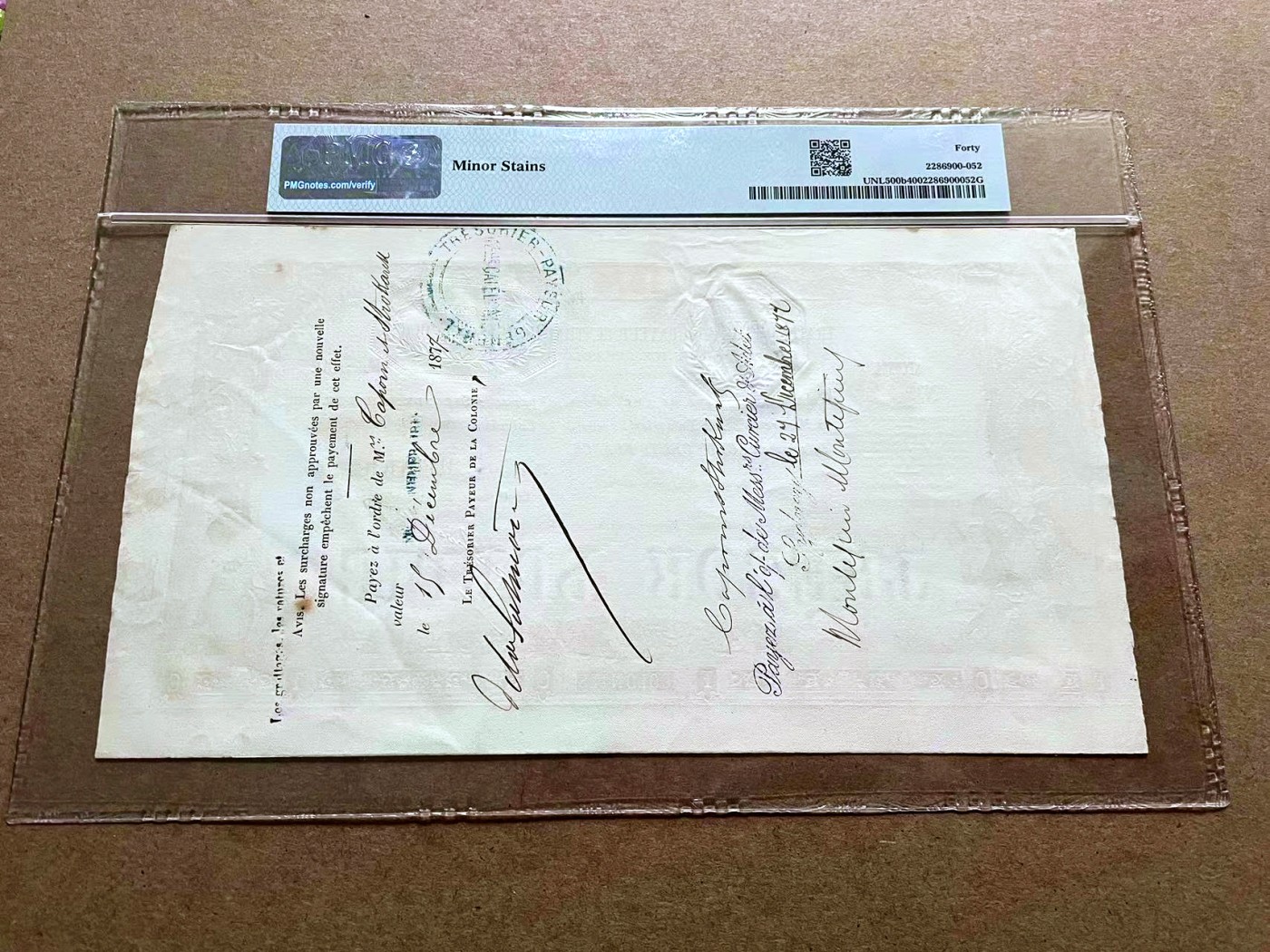 【Blue Auction】✨世界纸币精拍第432期——新年首拍 【唯一冠军分实钞 仅一个评级记录 百年风云】新喀里多尼亚 1874年500法郎 超大票幅 裸女 设计精美 钢戳水印防伪 背面手写 文物级别 非常罕见 PMG40