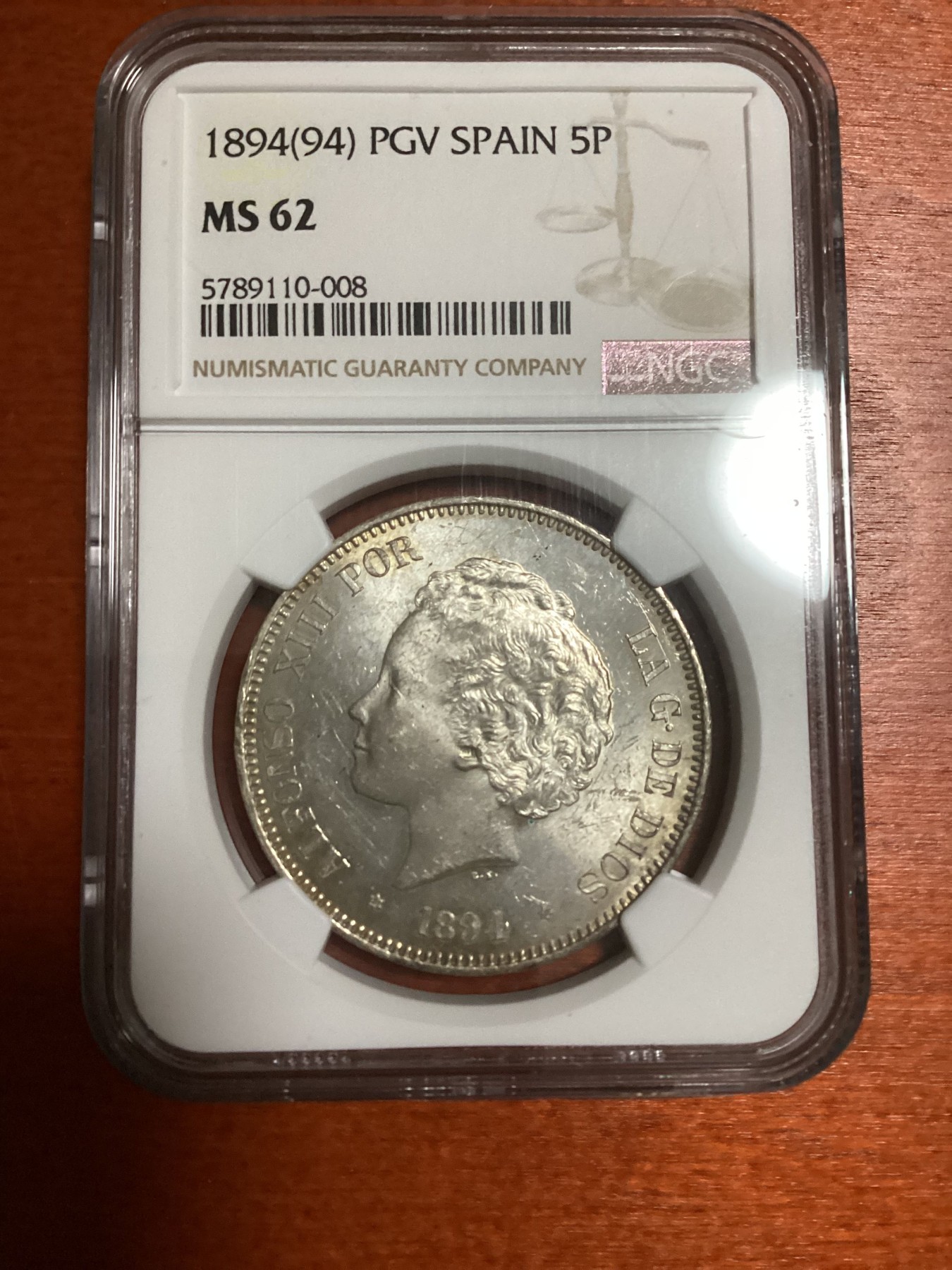 长老汇兔年精选第二场 1894(94) PGV 西班牙阿方索十三世5比塞塔大银币，NGC MS62分，第四名，更高分仅有9枚