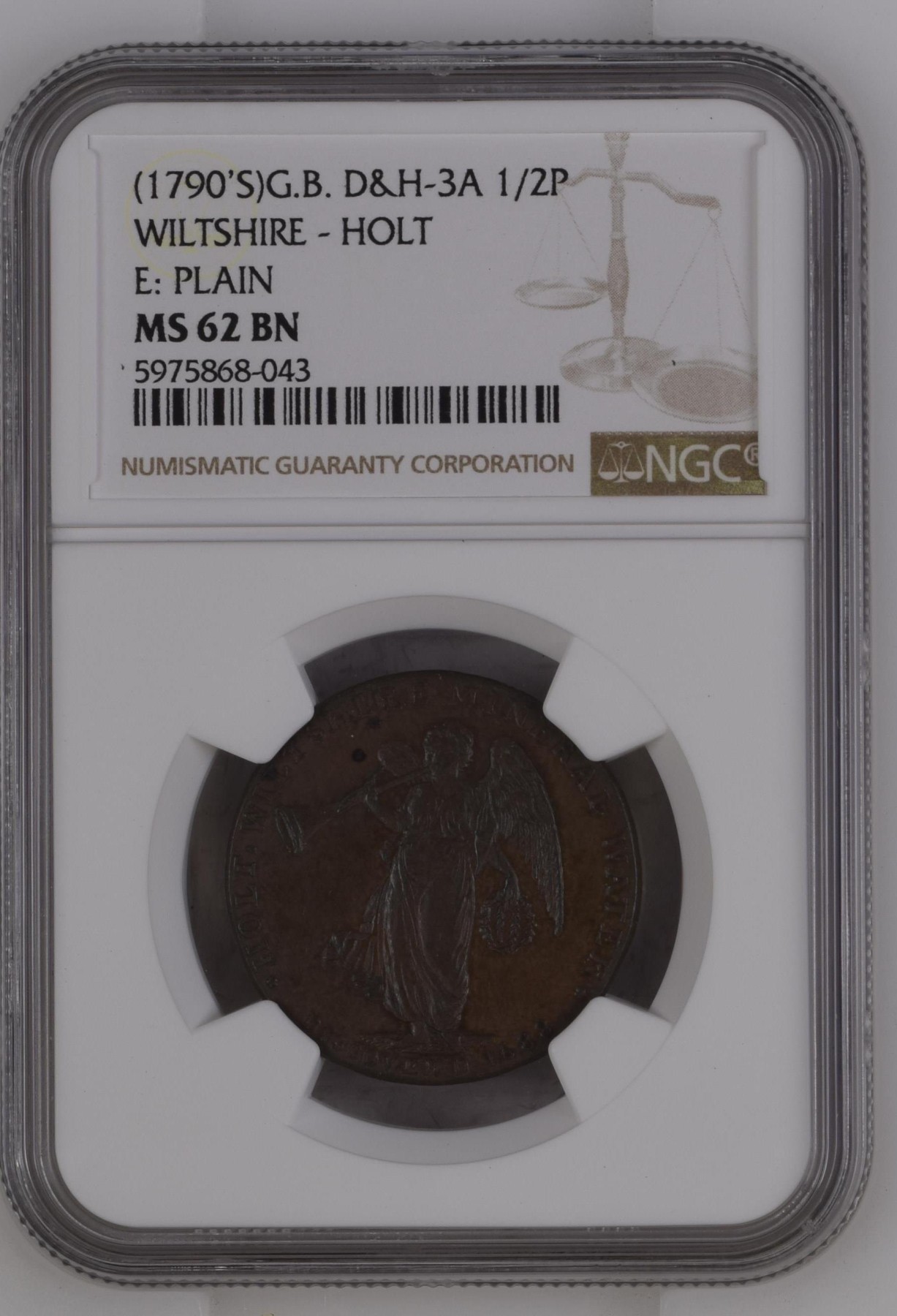 长老汇兔年精选第二场 (1790'S)G.B. D&H-3A WILTSHIRE - HOLT E: PLAIN英国威尔特郡吹笛天使1/2P铜代币，NGC MS62分，季军分，更高分仅有两枚