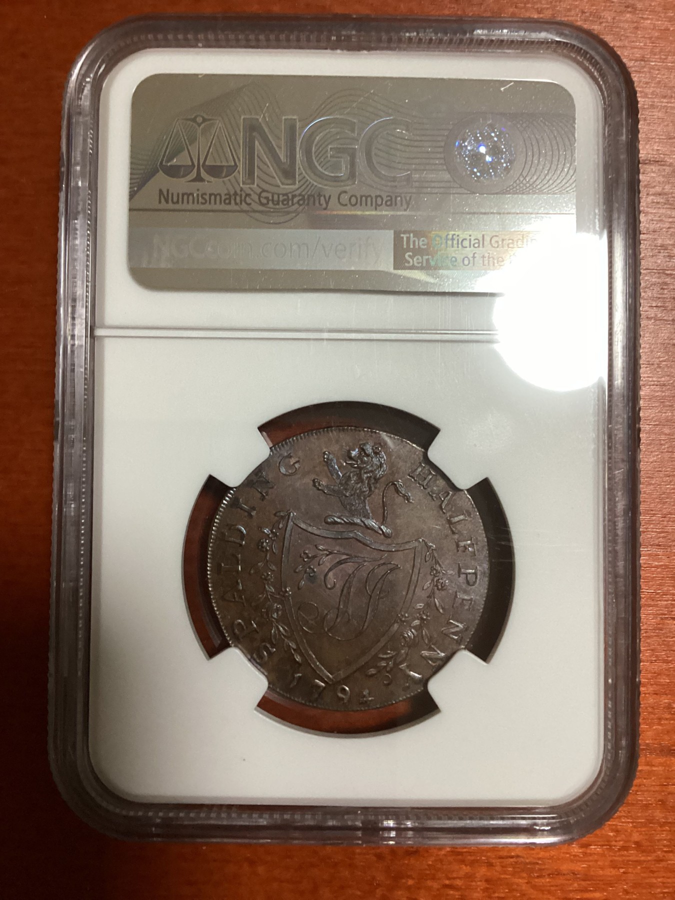 长老汇兔年精选第二场 1794 G.BRIT D&H-4 LINCOLNSHIRE - SPALDING E: PAYABLE AT T. IENNINGS英国林肯郡1/2P代币，NGC MS65分，唯二冠军分，非常漂亮