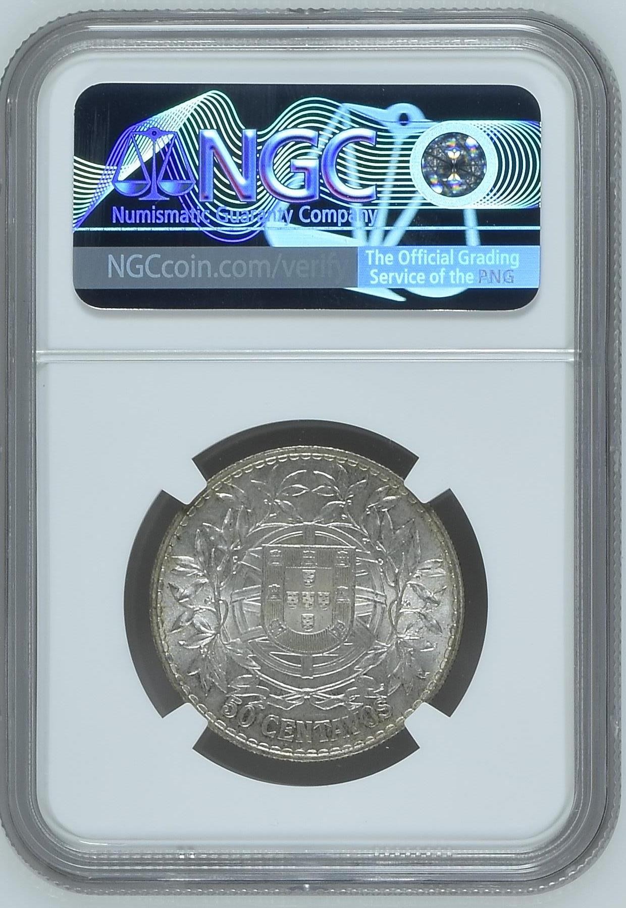 长老汇兔年精选第二场 1916 葡萄牙女神像50分银币，NGC MS62分