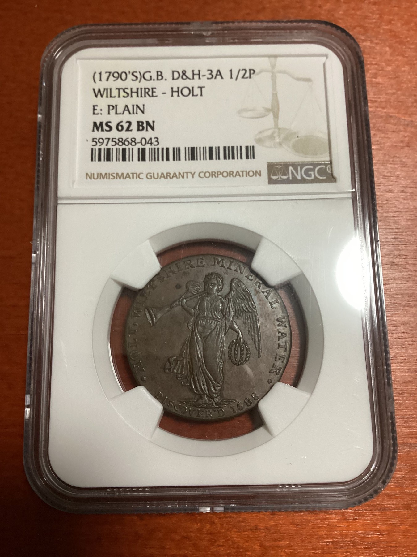 长老汇兔年精选第二场 (1790'S)G.B. D&H-3A WILTSHIRE - HOLT E: PLAIN英国威尔特郡吹笛天使1/2P铜代币，NGC MS62分，季军分，更高分仅有两枚