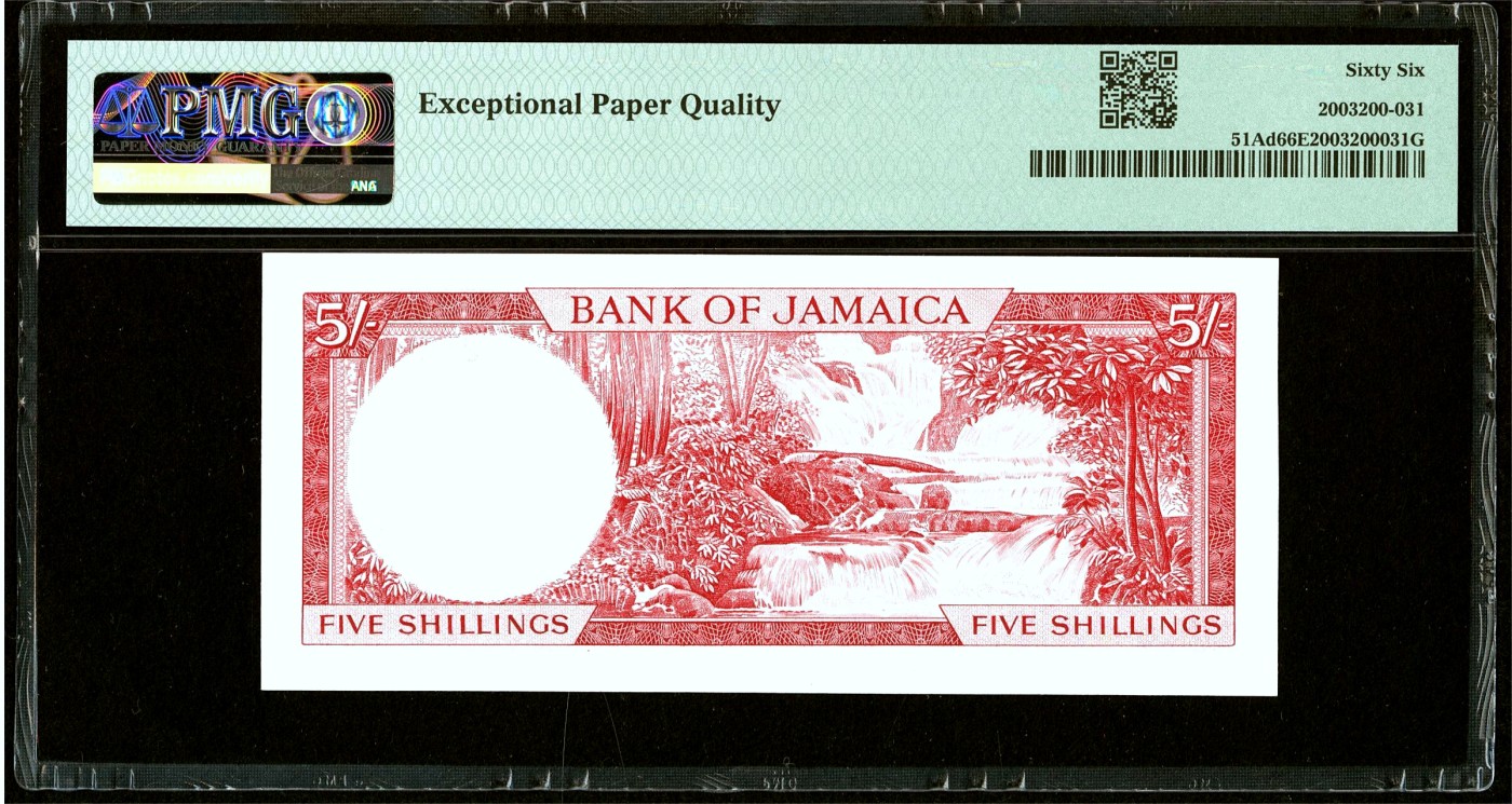 【Blue Auction】✨世界纸币精拍第432期——新年首拍 【p51Ad】牙买加 1960年5先令 女王 PMG66EPQ 背面瀑布唯美