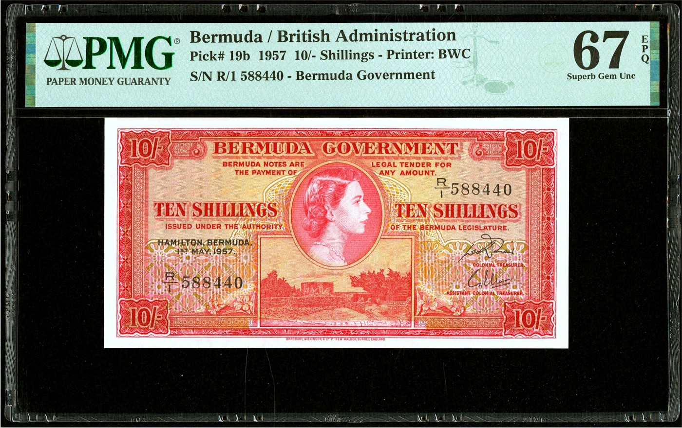 【Blue Auction】✨世界纸币精拍第432期——新年首拍 【R/1冠】百慕大 1957年10先令 年轻女王 PMG67EPQ 高分 