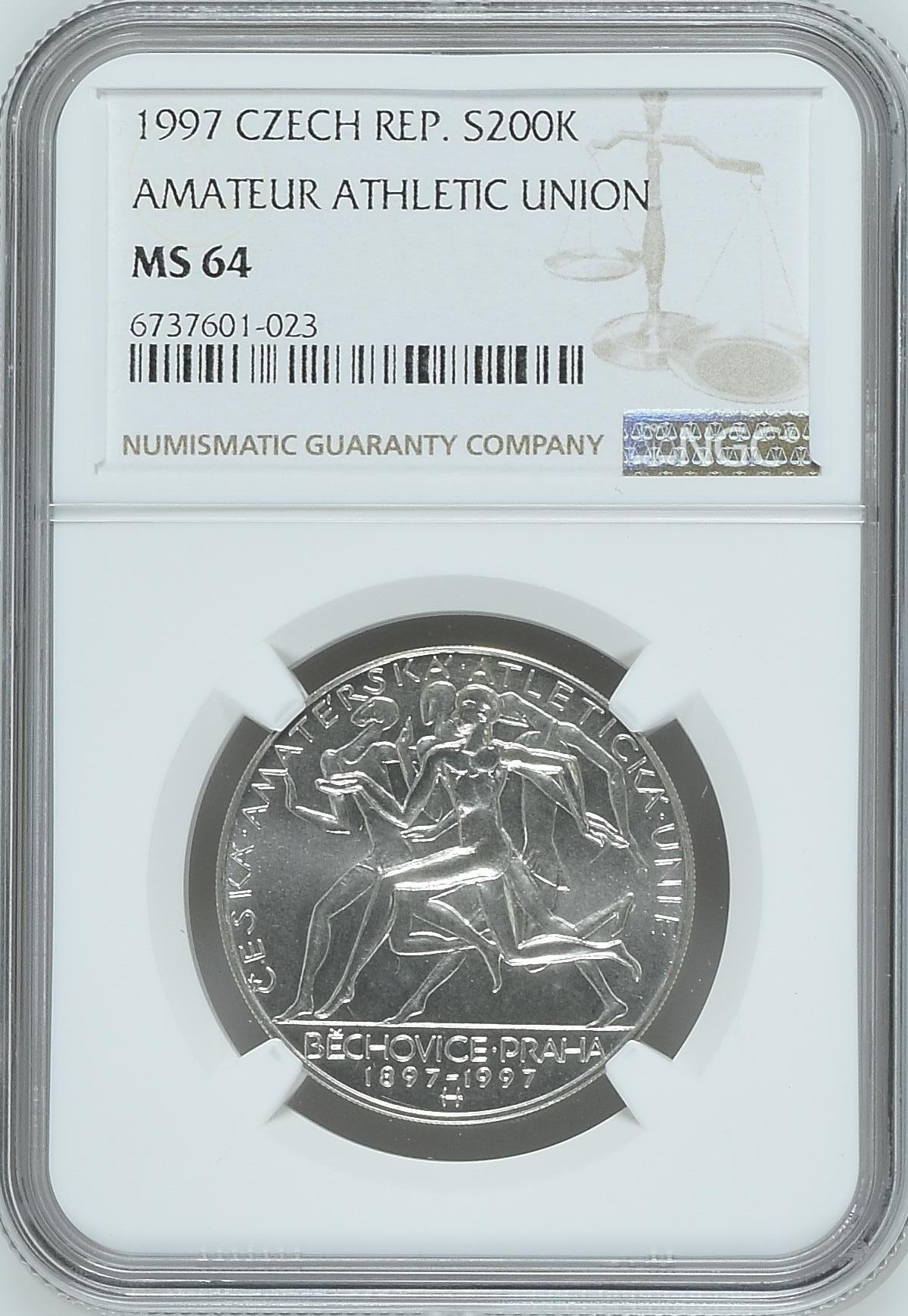 长老汇马年精选第七场拍卖 1997 捷克非职业运动员联合会200克朗银币，NGC MS64分，更高分仅有四枚