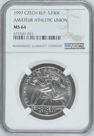 长老汇马年精选第七场拍卖 - 1997 捷克非职业运动员联合会200克朗银币，NGC MS64分，更高分仅有四枚