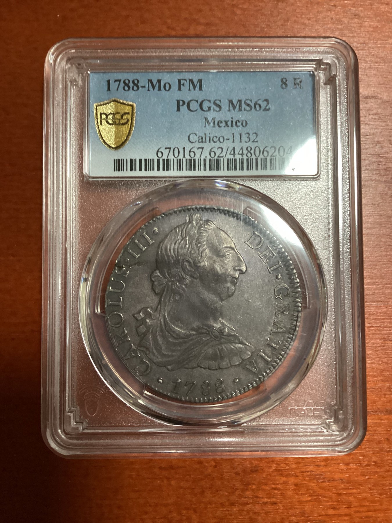 长老汇兔年精选第二场 1788-Mo FM 墨西哥卡三8R大银币，PCGS MS62分，亚军分，更高分仅有一枚，裂痕是币胚上的