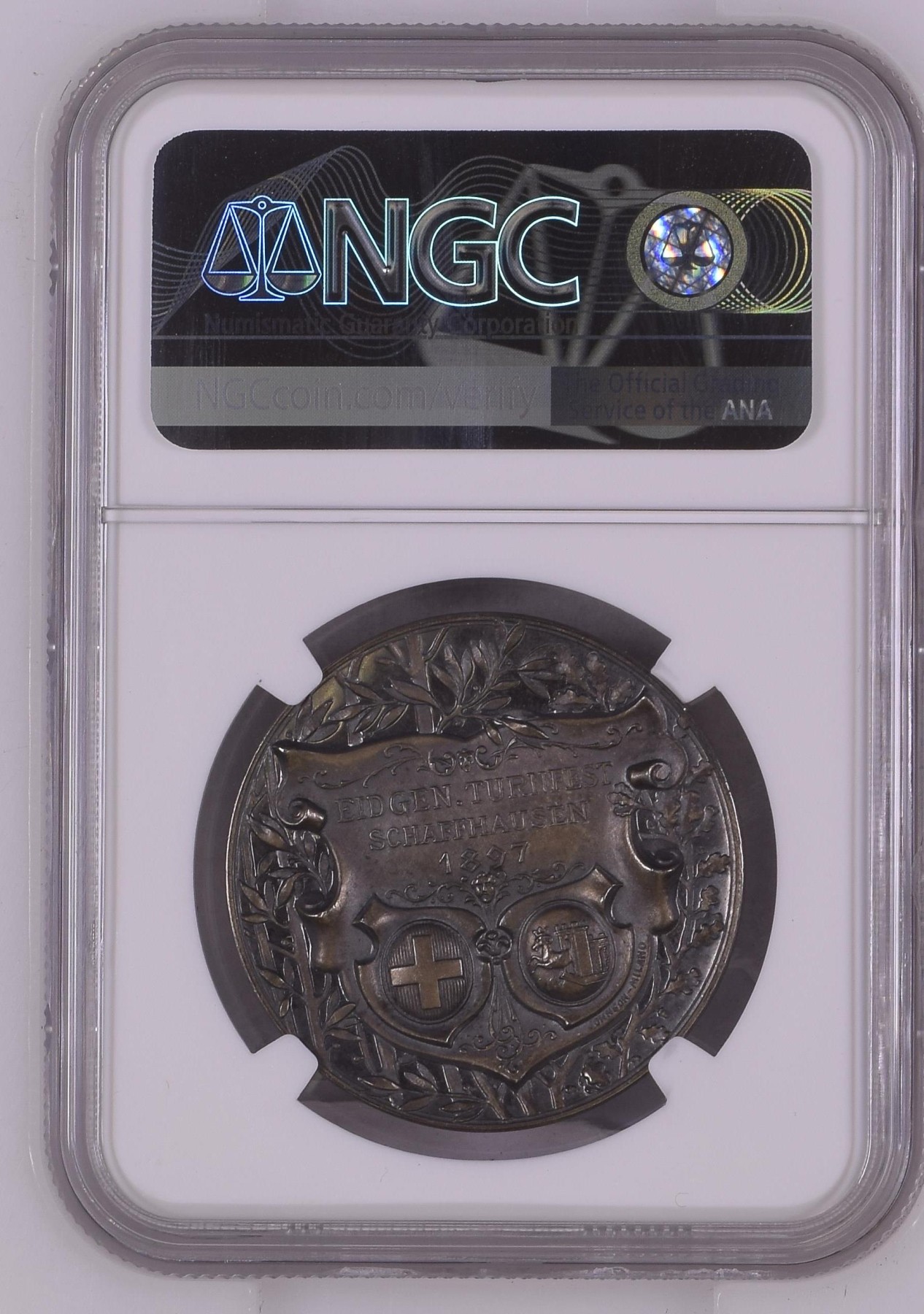 长老汇兔年精选第二场 1897-DATED 瑞士沙夫豪森体育节银章，NGC MS65分，唯一记录，双面深邃明快