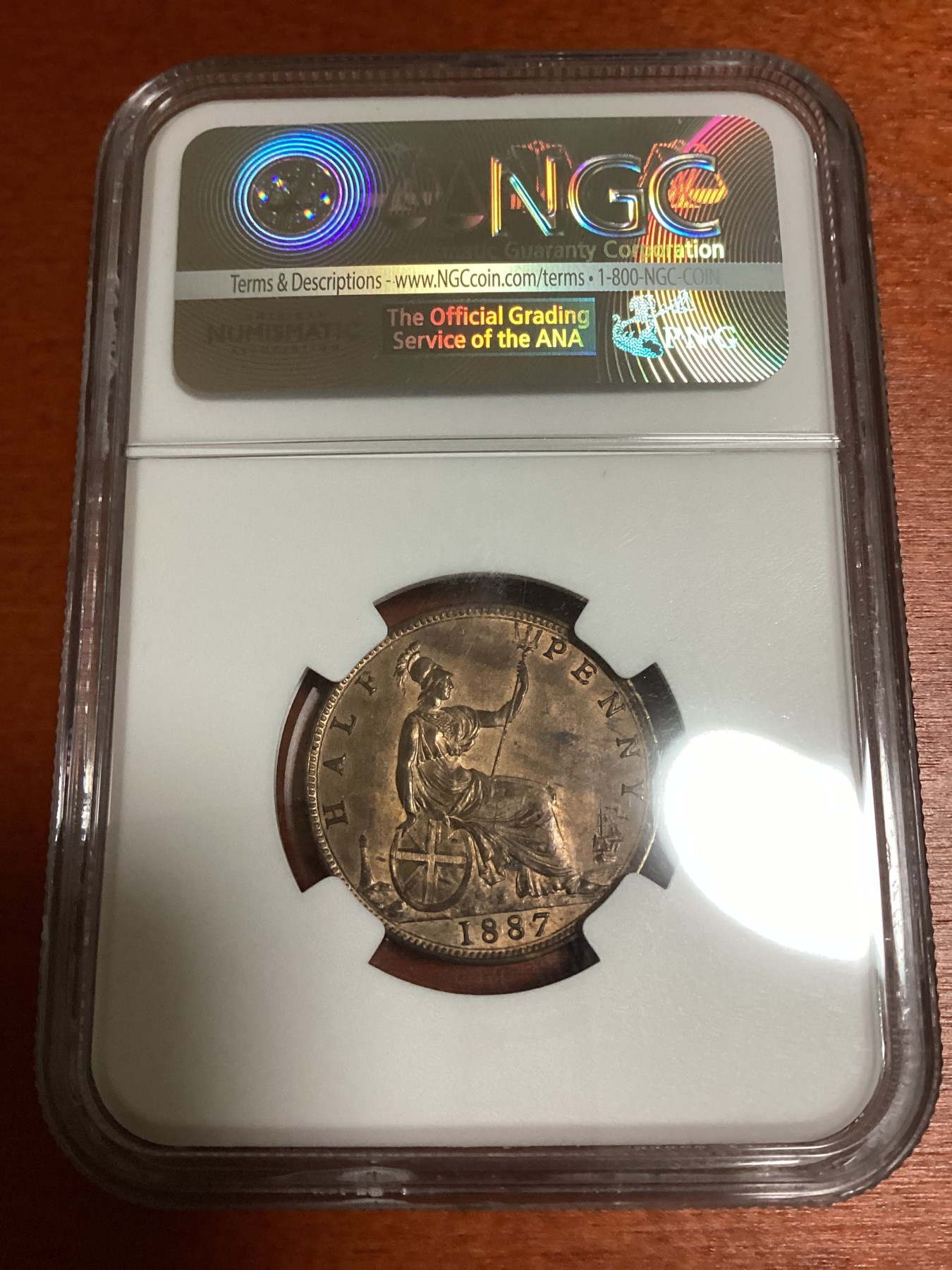 长老汇兔年精选第二场 1887 英国维多利亚高冠1/2便士铜币，NGC MS64RD
