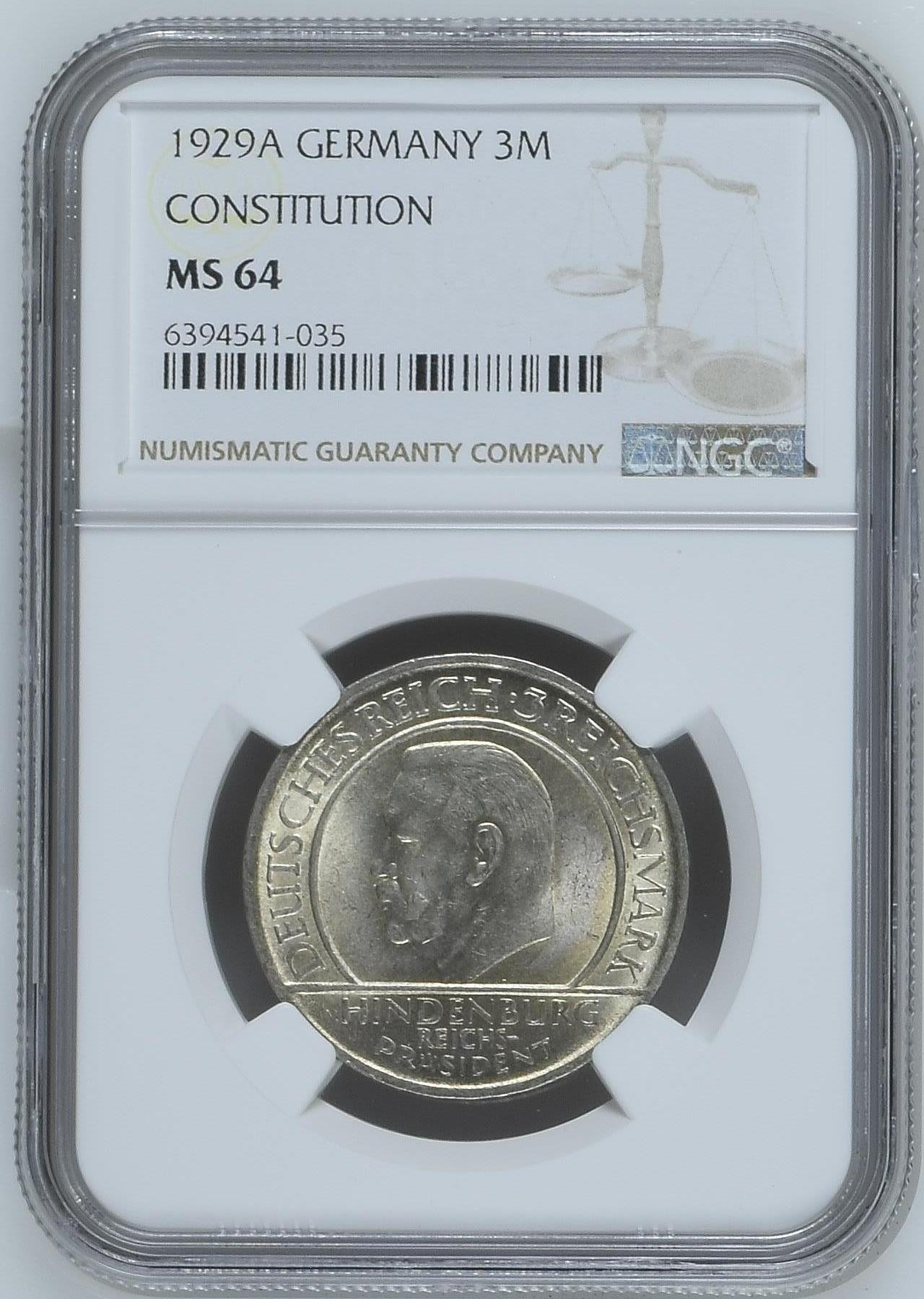 长老汇兔年精选第二场 1929A GERMANY CONSTITUTION德国威玛宪法3马克银币，NGC MS64分，季军分，更高分仅有5枚