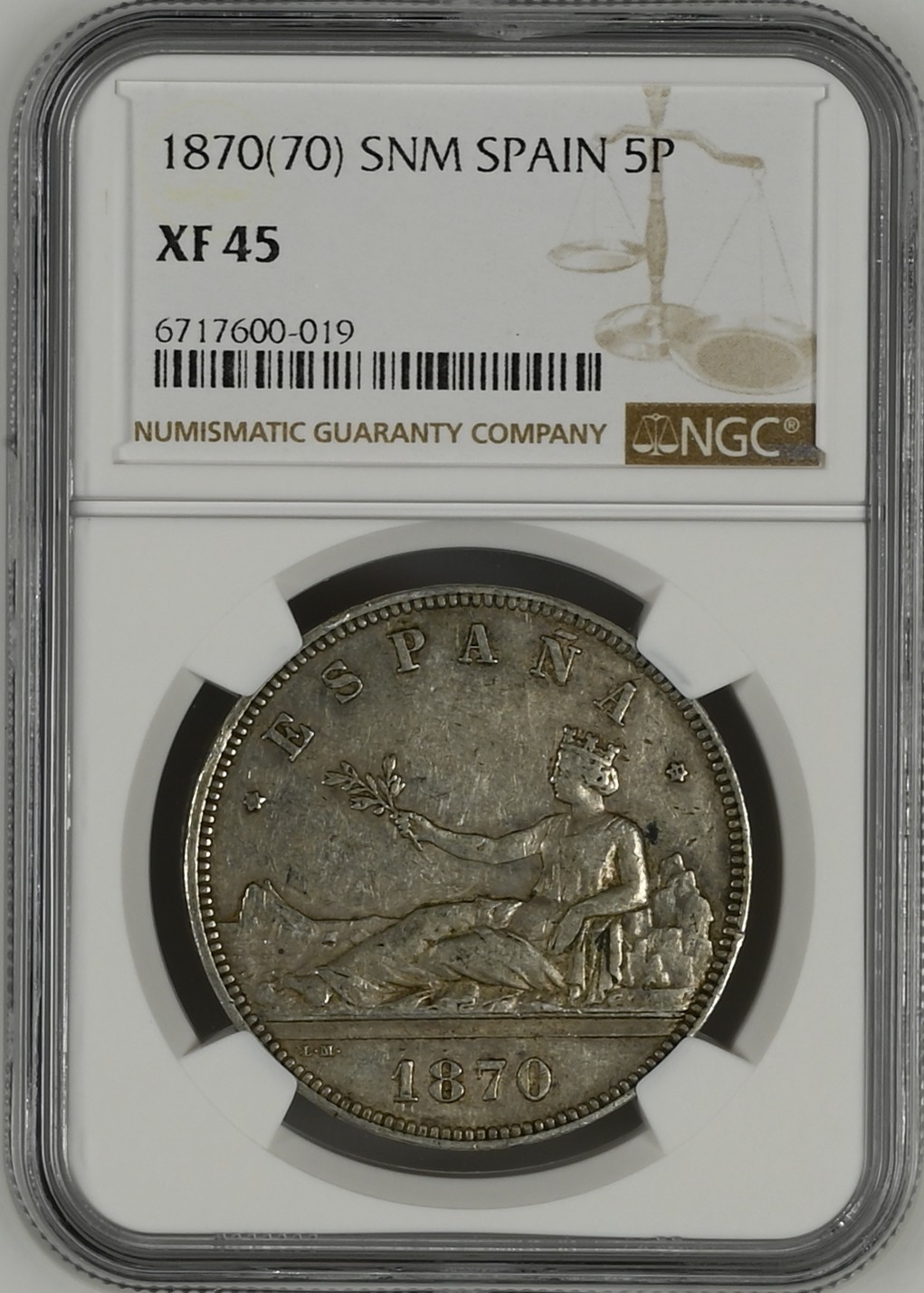 长老汇兔年精选第二场 1870(70) SNM 西班牙拿花5比塞塔大银币，NGC XF45分