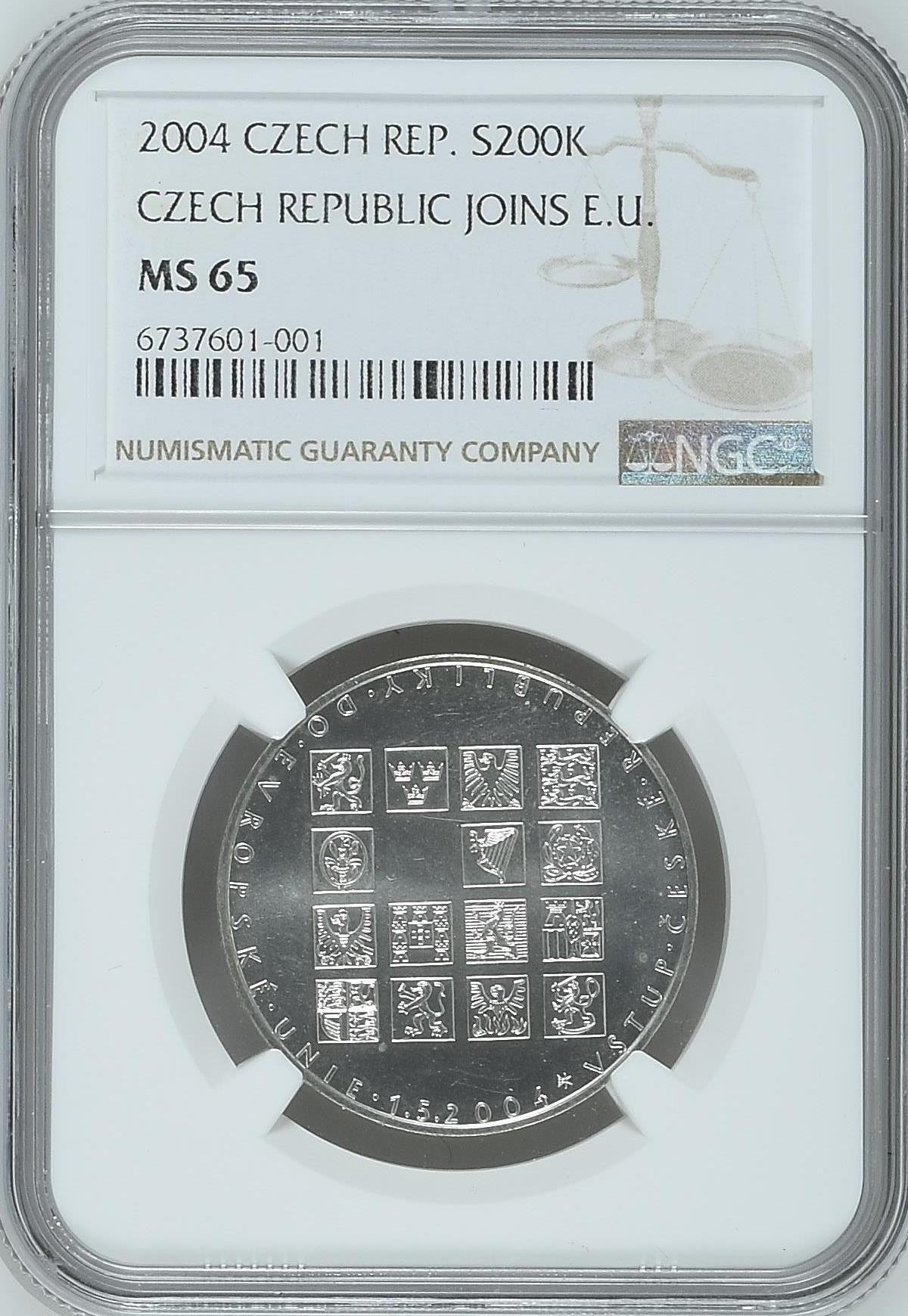长老汇兔年精选第二场 2004 捷克加入欧盟200克朗银币，NGC MS65分，唯一冠军分