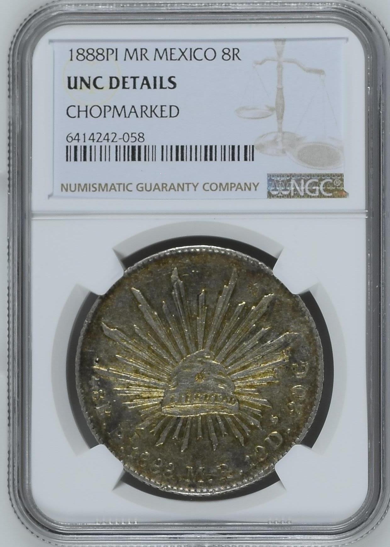 长老汇兔年精选第二场 1888PI MR 墨西哥鹰洋8R银币，NGC UNC， 中间有个戳记，否则状态超过许多65分