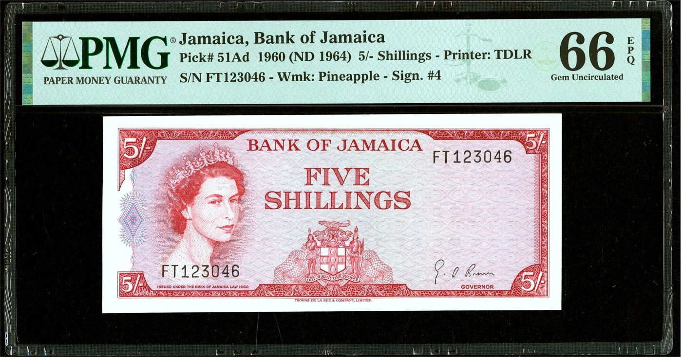 【Blue Auction】✨世界纸币精拍第432期——新年首拍 【p51Ad】牙买加 1960年5先令 女王 PMG66EPQ 背面瀑布唯美