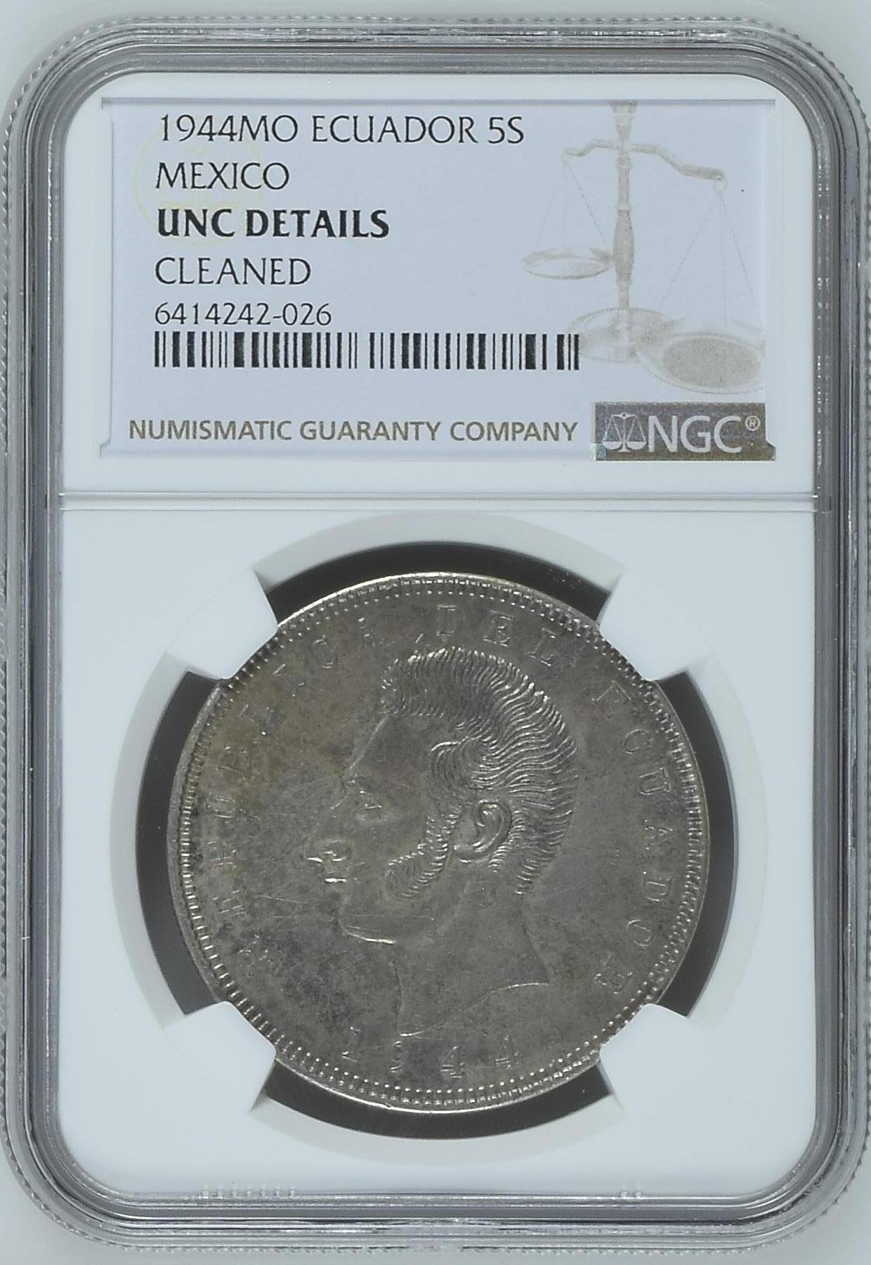 长老汇兔年精选第二场 1944MO 厄瓜多尔5苏克雷大银币，NGC UNC， 错杀