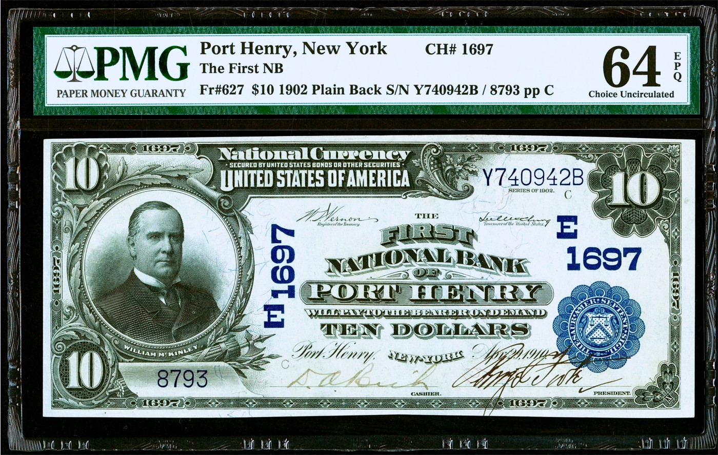 【Blue Auction】✨世界纸币精拍第432期——新年首拍 【手签版 千位小号 少见Fr 同Fr2015年拍出1410美金】美国 纽约 Port Henry Bank 1902年10美金 PMG64EPQ 全新原票 正面人物为美国第25任总统威廉·麦金莱 1934年500美金纸币上同款人物 大票幅雕刻精美  