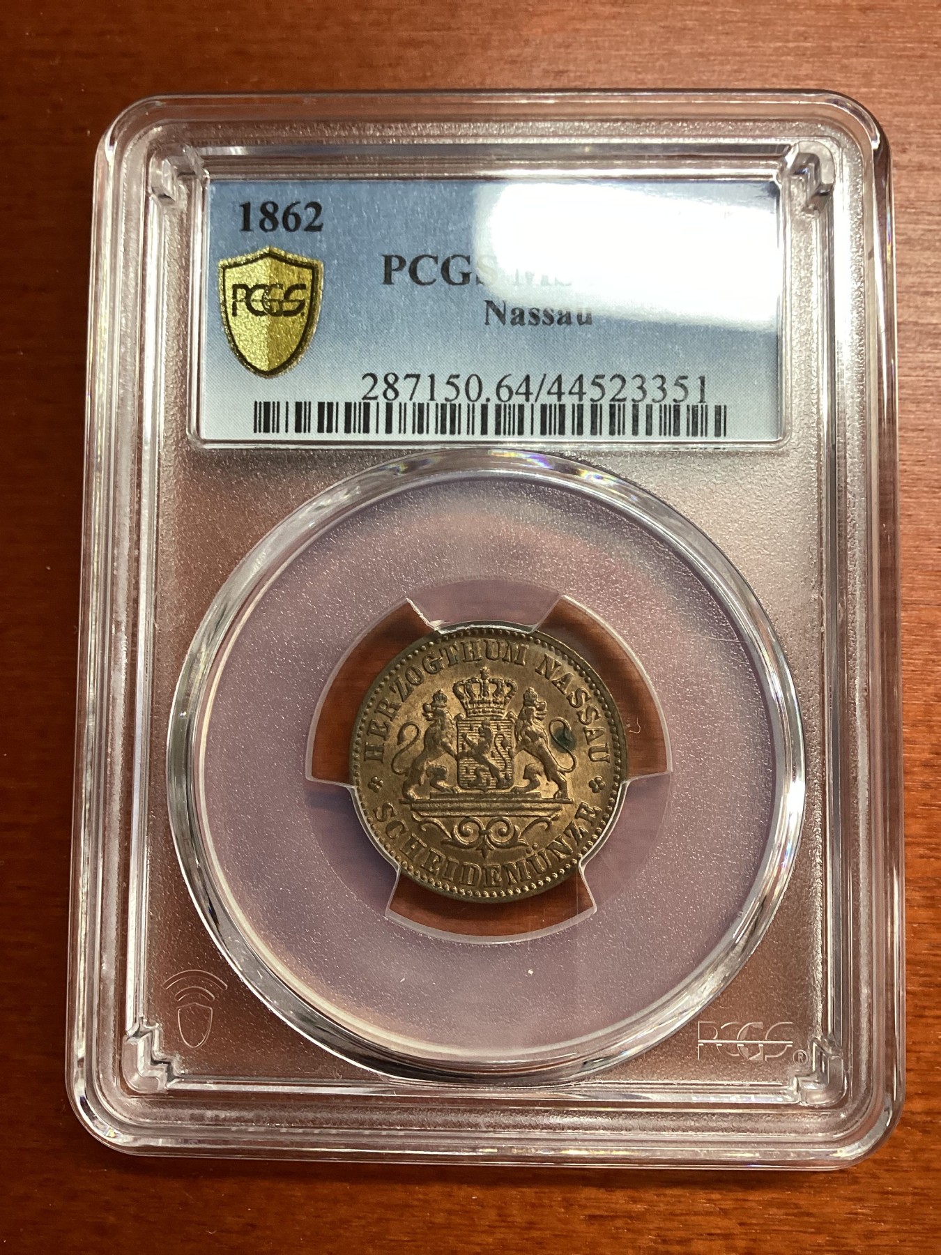 长老汇兔年精选第二场 1862 Kreuzer德国拿骚1克洛泽双师铜币，PCGS MS64RD，唯一冠军分，稀少且漂亮