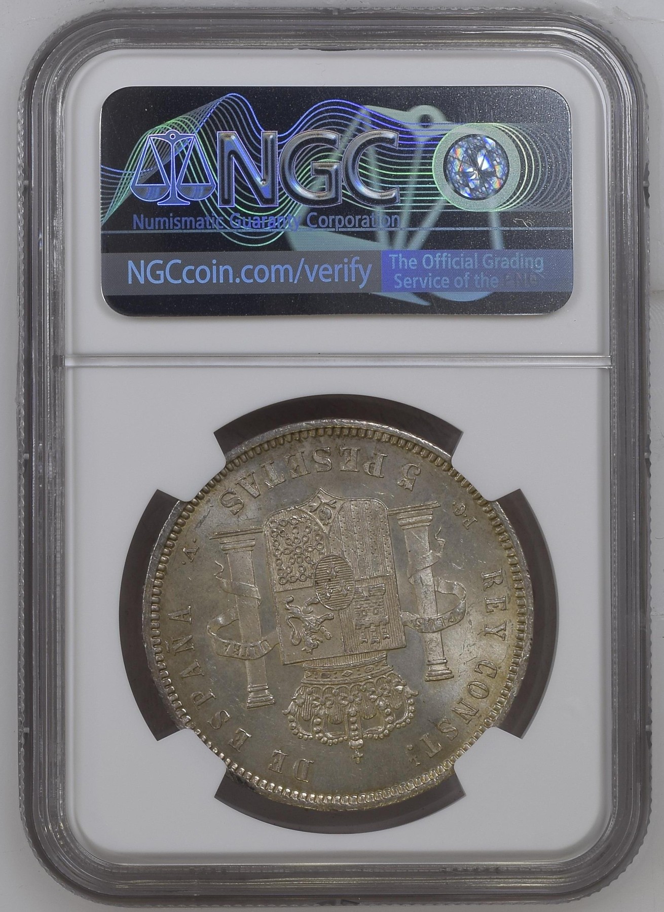 长老汇兔年精选第二场 1894(94) PGV 西班牙阿方索十三世5比塞塔大银币，NGC MS62分，第四名，更高分仅有9枚