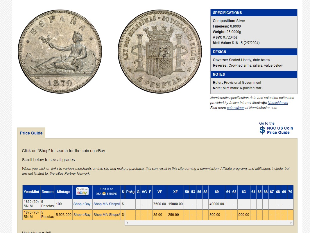 长老汇兔年精选第二场 1870(70) SNM 西班牙拿花5比塞塔大银币，NGC XF40