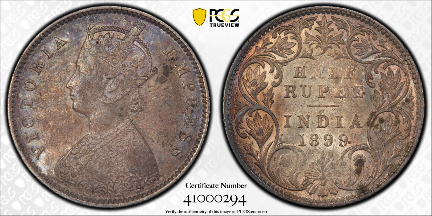 长老汇兔年精选第二场 1899-B 1/2 Rup SW-6.242 Prid-307 Incuse, inverted B英属印度维多利亚1/2卢比银币，PCGS AU53分