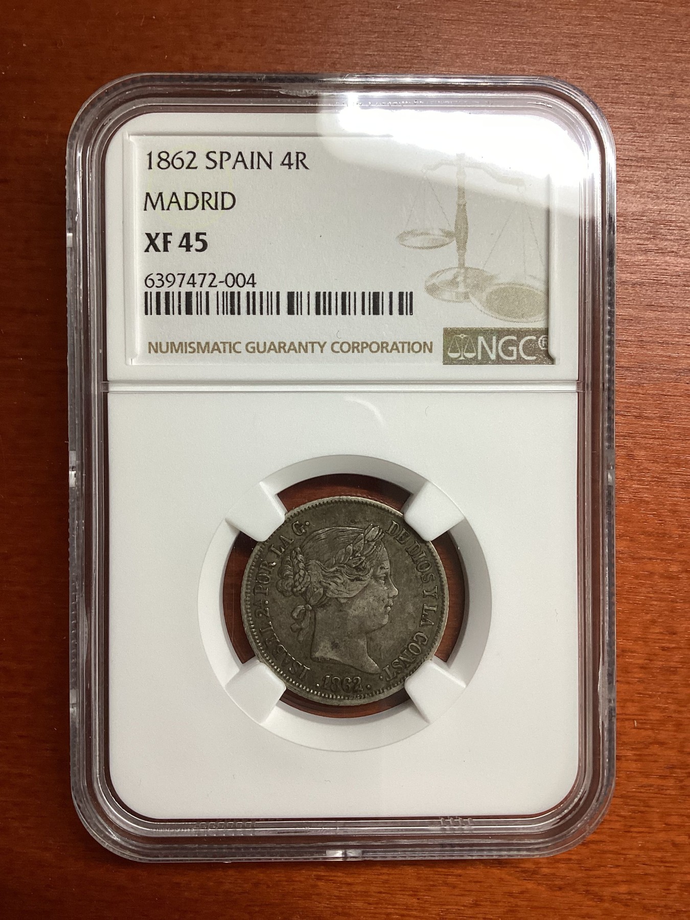 长老汇兔年精选第二场 1862 西班牙伊萨贝拉二世4R银币，NGC XF45，唯一季军分，更高分仅有三枚