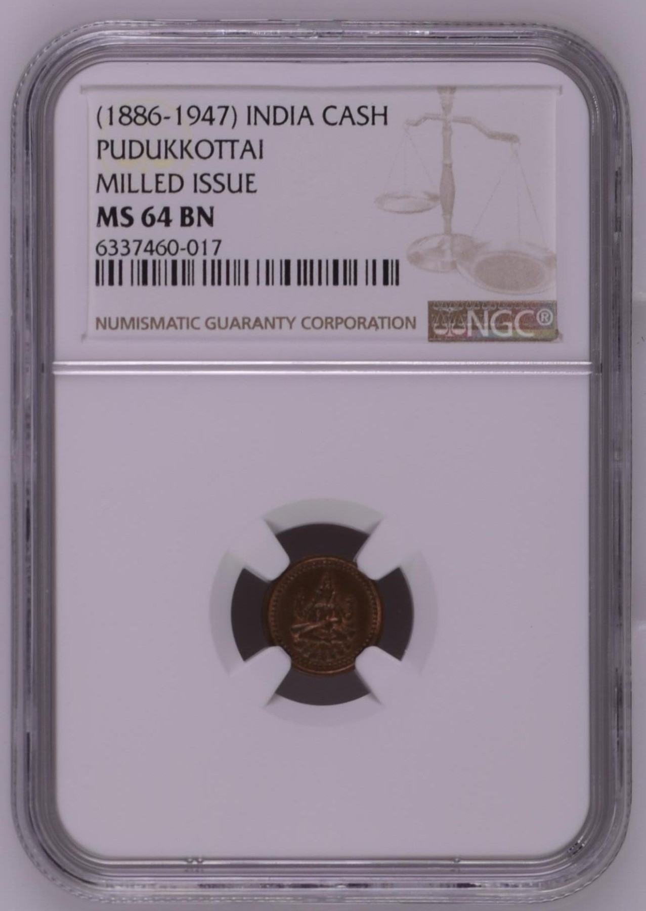 长老汇兔年精选第二场 (1886-1947) INDIA PUDUKKOTTAI MILLED ISSUE印度普杜科泰邦1A铜币，NGC MS64BN，冠军分，正面布里哈丹巴女神，背面文字“胜利”