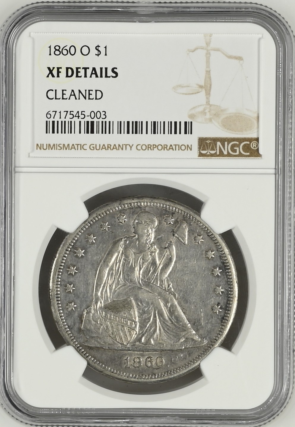 长老汇兔年精选第二场 1860 O美国坐姿女神一美元银币，O记出品，早期很贵