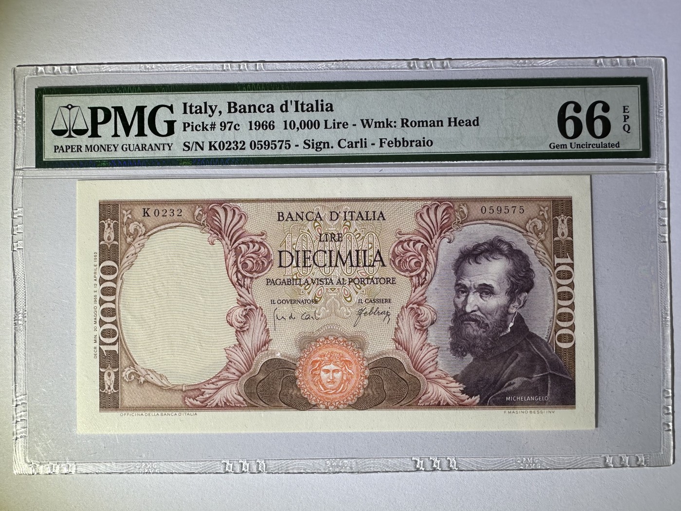 【Blue Auction】✨世界纸币精拍第432期——新年首拍 意大利 1966年10000里拉 米开朗基罗 PMG66EPQ 