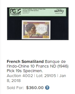 【Blue Auction】✨世界纸币精拍第432期——新年首拍 法属索马里兰 1946年10法郎 PMG68EPQ 超高分 骆驼队 样钞 