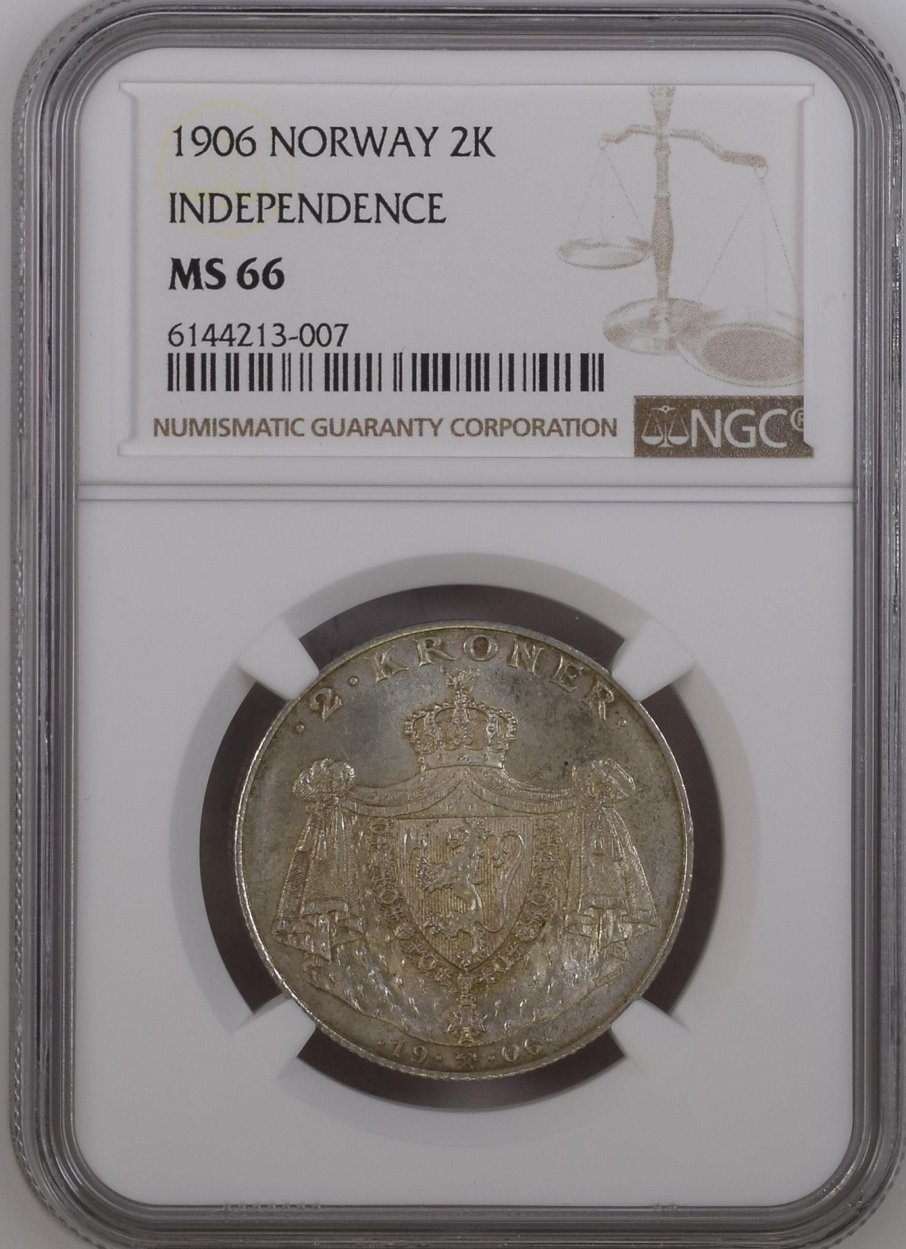 长老汇兔年精选第二场 1906 挪威独立2克朗纪念银币，NGC MS66分，更高分仅有13枚，官网63分标价285美金，这枚一直比较贵