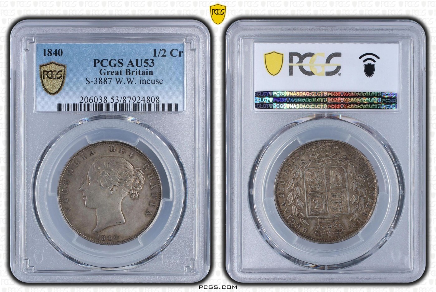 长老汇兔年精选第二场 1840 1/2 Cr S-3887 W.W. incuse英国维多利亚早期1/2克朗银币，PCGS AU53分，书价53分近2万元的货