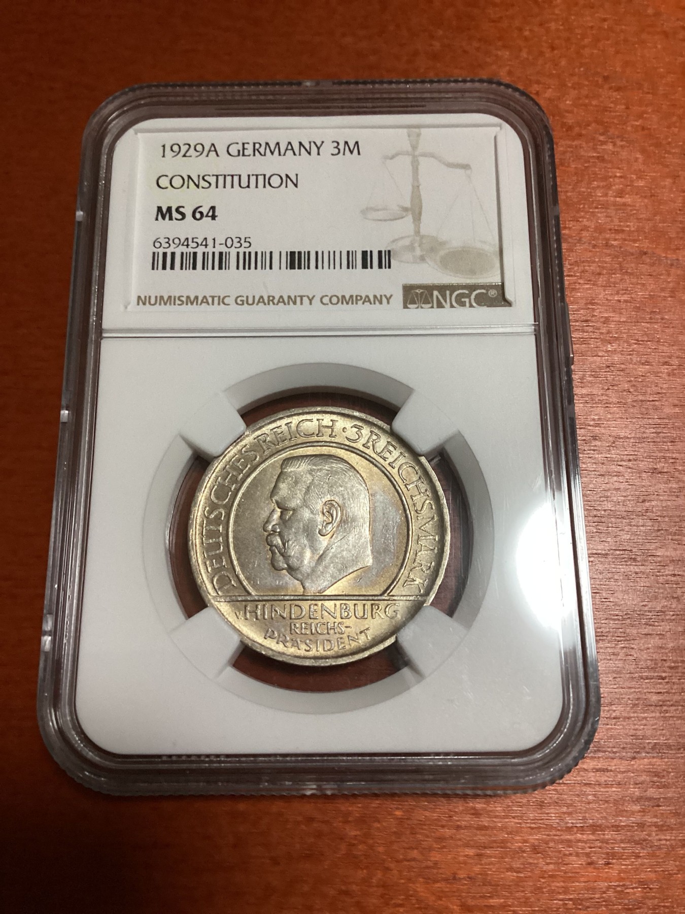 长老汇兔年精选第二场 1929A GERMANY CONSTITUTION德国威玛宪法3马克银币，NGC MS64分，季军分，更高分仅有5枚