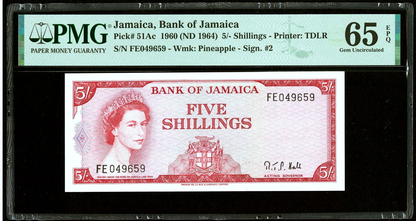 【Blue Auction】✨世界纸币精拍第432期——新年首拍 【p51Ac】牙买加 1960年5先令 女王 PMG65EPQ 背面瀑布唯美