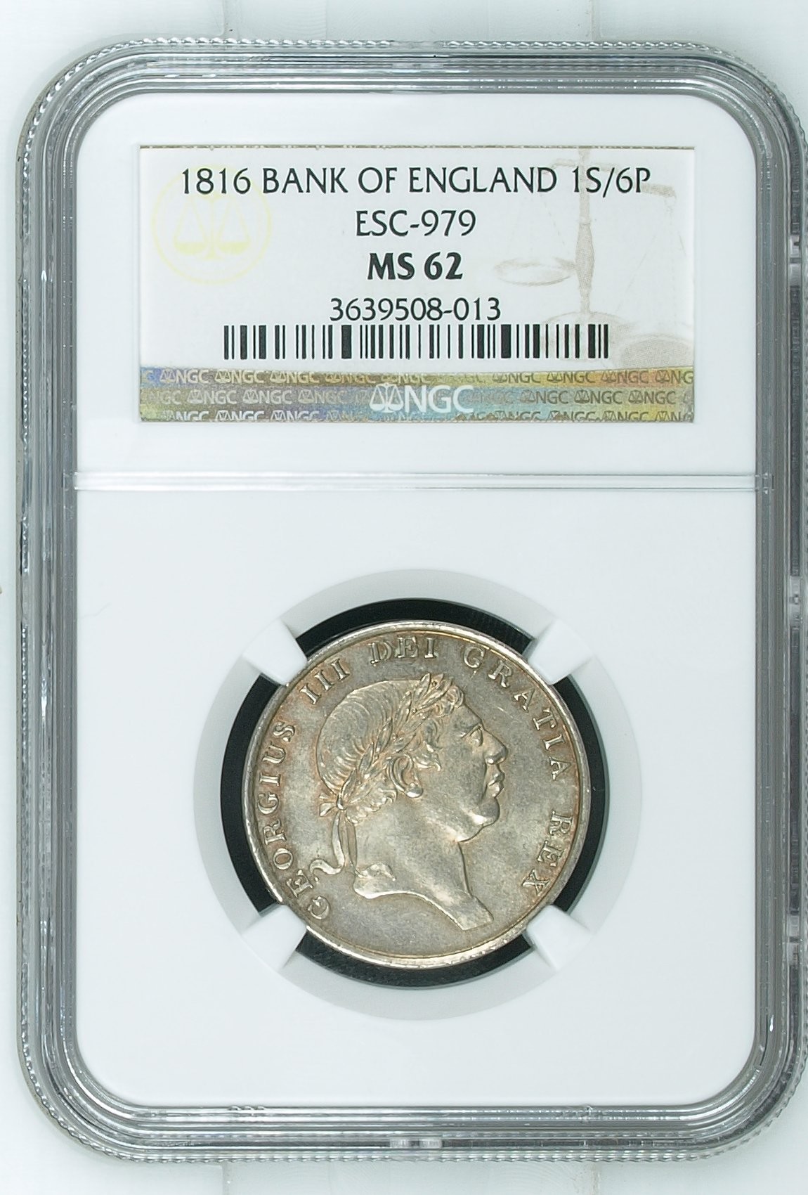 长老汇兔年精选第二场 1816 英国乔治三世英格兰银行1S/6P银币，NGC MS62分