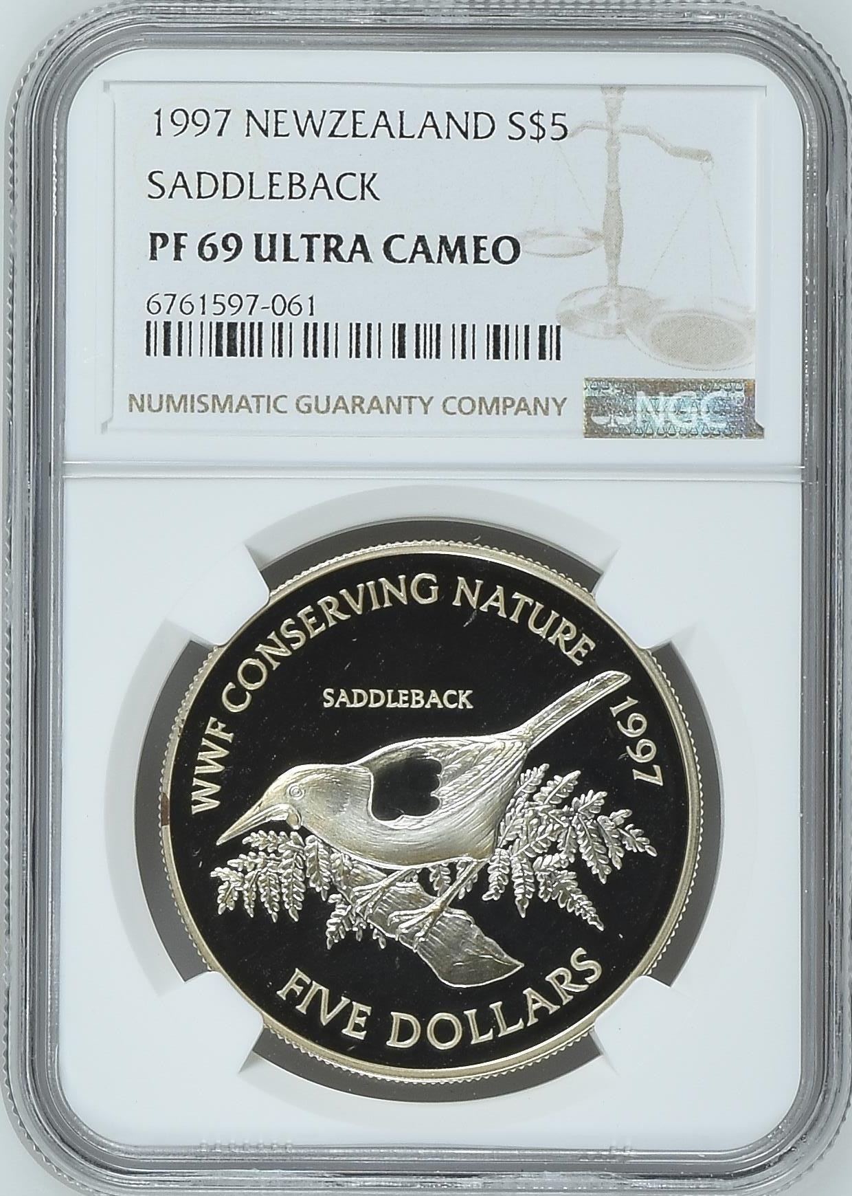 长老汇兔年精选第二场 1997 新西兰鞍背鸟5元精制银币，NGC PF69UC，亚军分，更高分仅有两枚