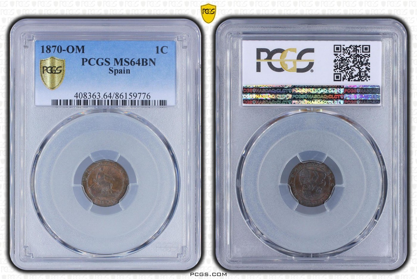 长老汇兔年精选第二场 1870-OM 西班牙地方省1分铜币，PCGS MS64BN，亚军分，更高分仅有6枚，同分16年SB成交价1000多元